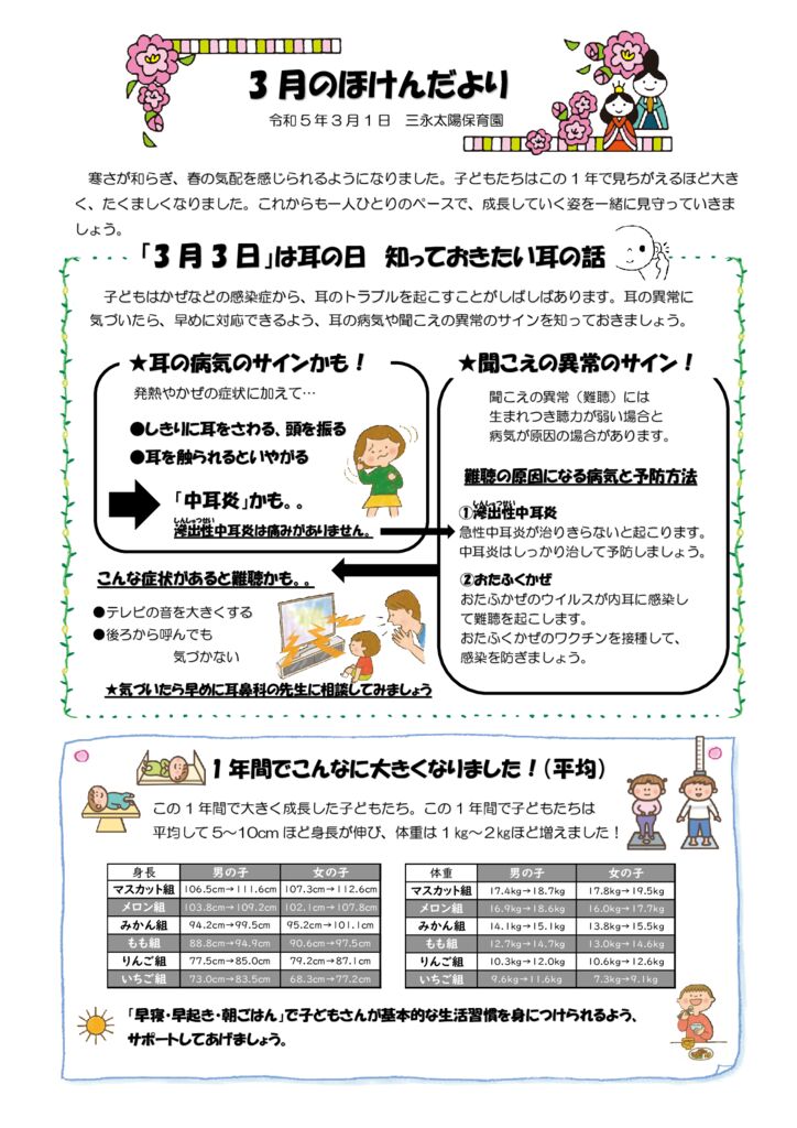 ほけんだより 2023年3月号 | 三永太陽保育園